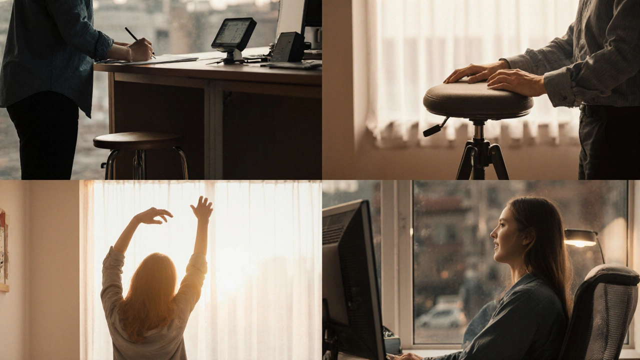 Four-panel scene showing a worker alternating between stool use, stretching, and sitting in an ergonomic chair.