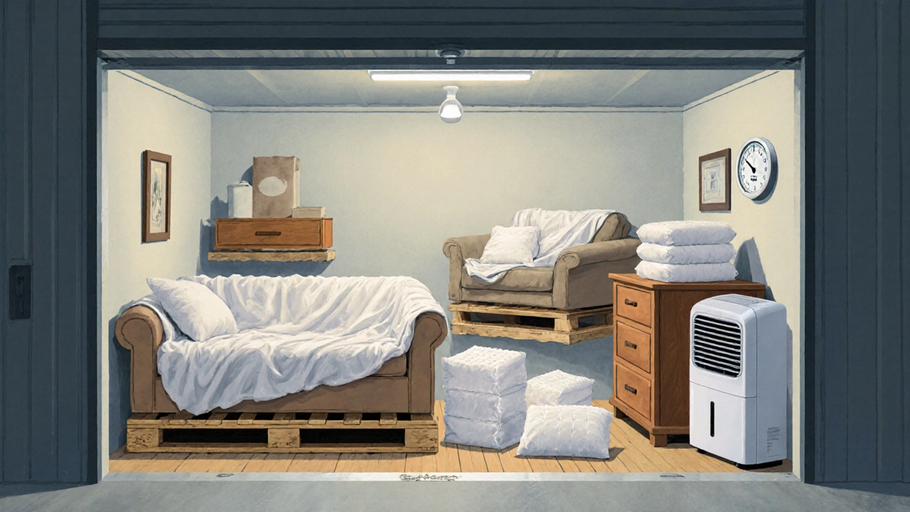 Furniture elevated on pallets in a climate-controlled storage unit with silica gel packs and breathable covers.