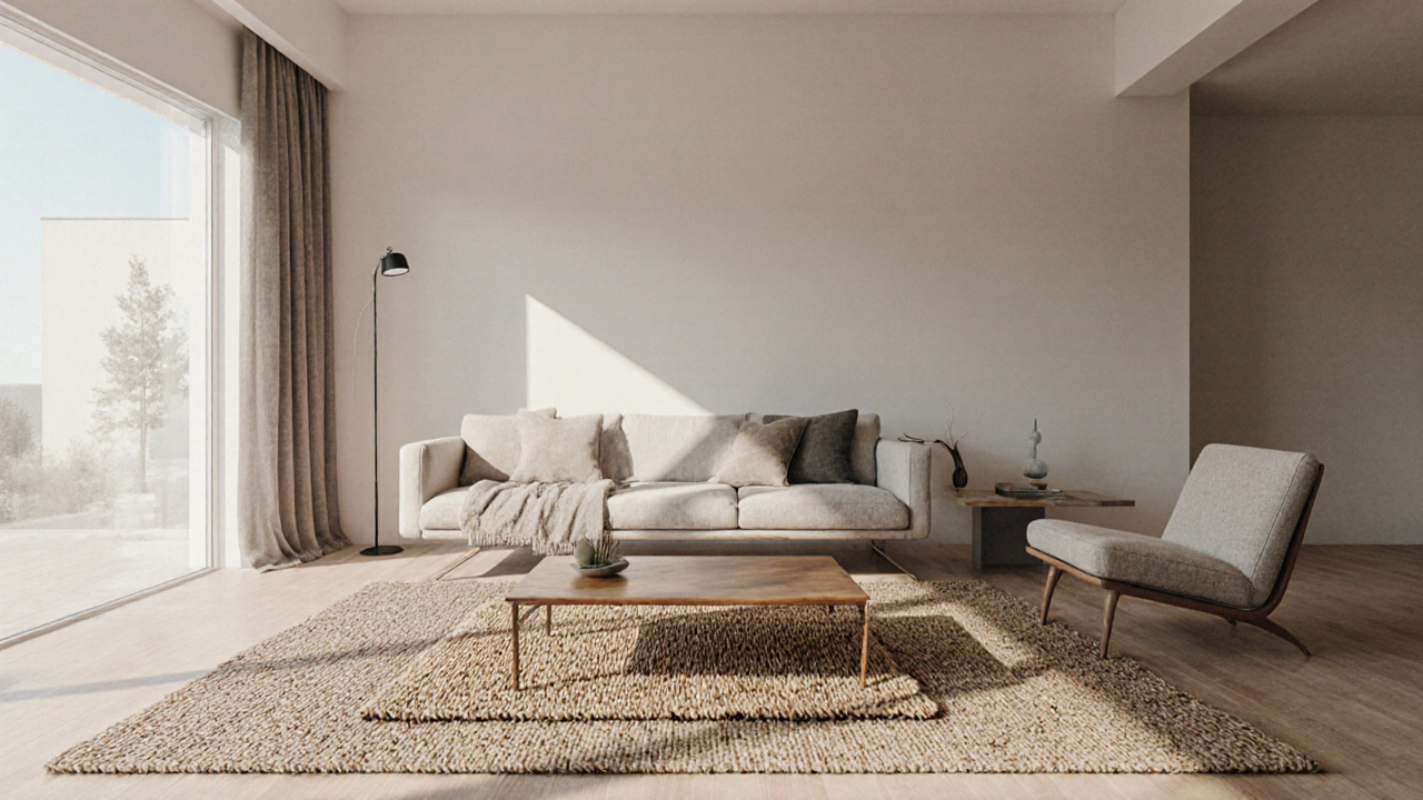 Layered rugs in a modern living room, with a smaller rug centered under a coffee table atop a larger jute base.