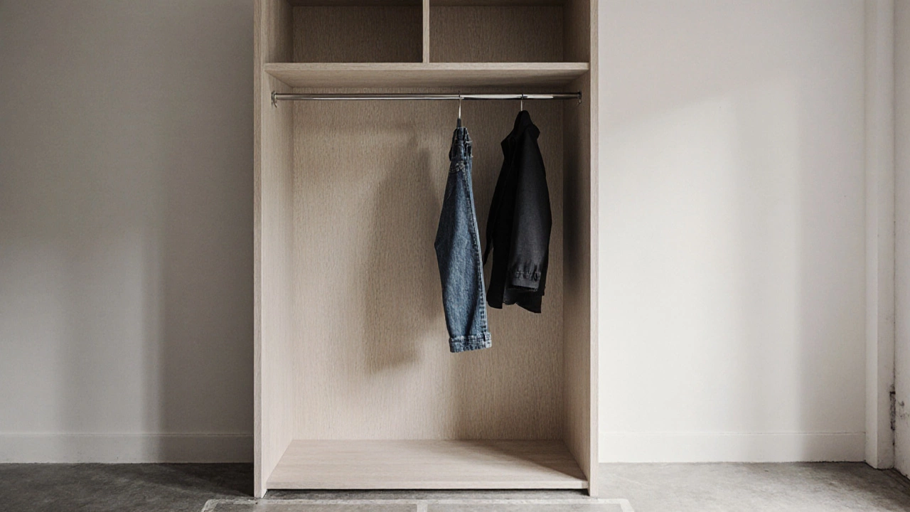Minimalist sliding-door wardrobe in a small apartment with a few clothes inside.