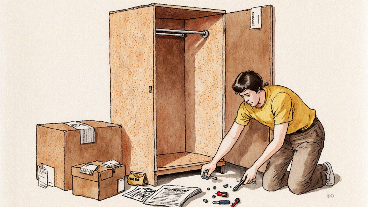 Person assembling a flat-pack wardrobe with tools and instructions scattered around.