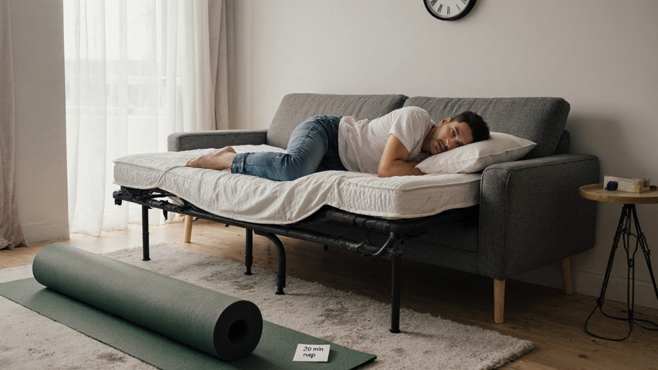 Person waking up in pain on a sagging sofa bed, yoga mat and firm pillow nearby on the floor.