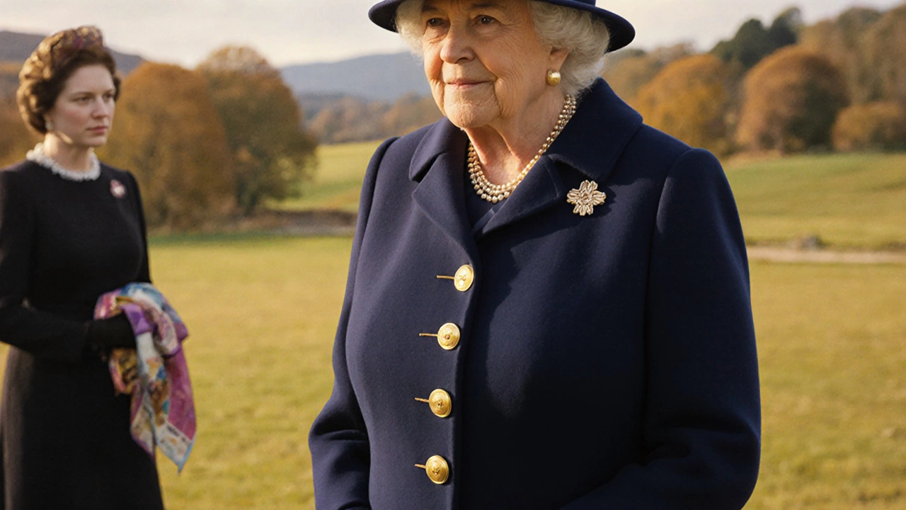 Queen Camilla wearing a reused navy coat once owned by Queen Elizabeth II during a formal outdoor event.
