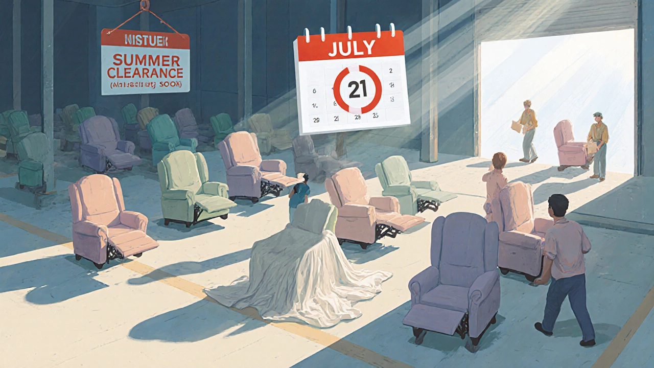 Recliners in light fabrics being cleared out of a warehouse in summer for autumn stock.