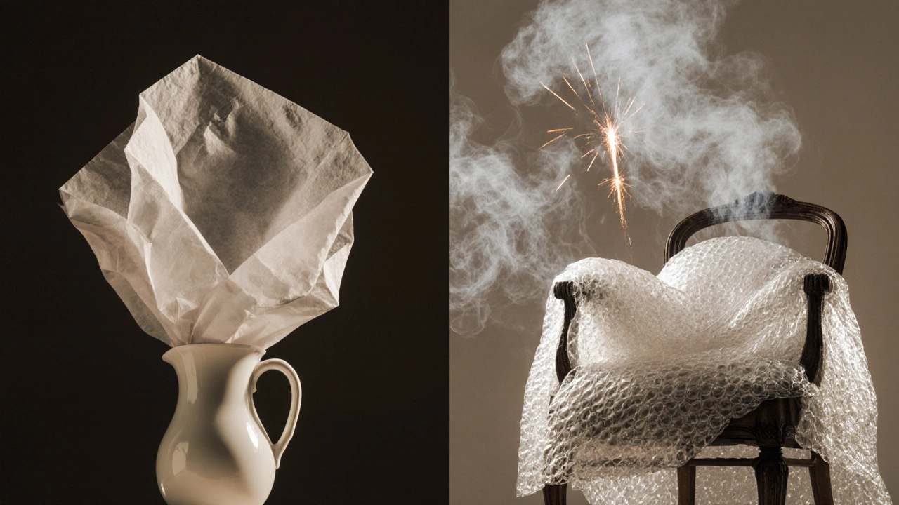 Safe archival materials vs. harmful bubble wrap in side-by-side storage comparison.