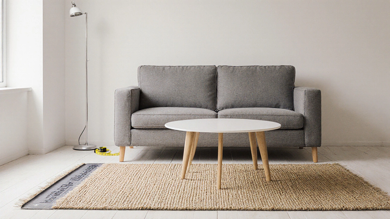 Small apartment living room with a 6x9 rug anchoring a round coffee table and two-seater sofa in neutral tones.