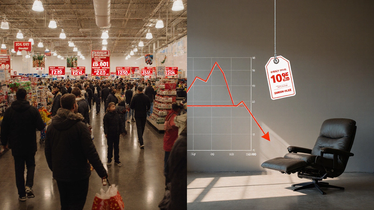 Split image comparing high-priced November shopping to January clearance deals.