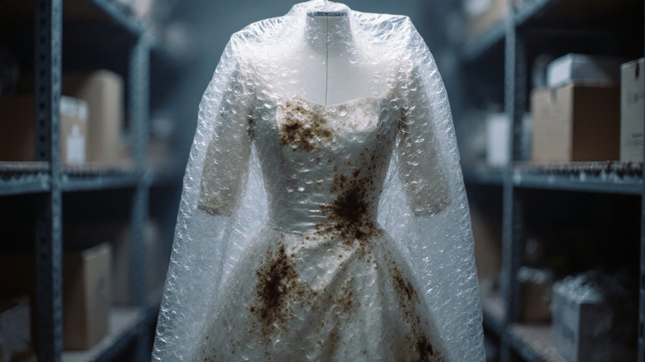 Vintage wedding dress trapped in bubble wrap, showing mold spots and condensation damage.