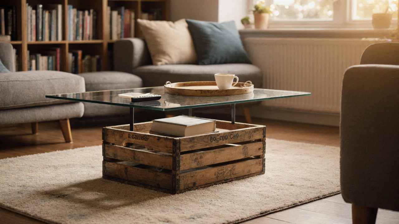 Vintage wooden crate lifting a glass coffee table to match sofa height.