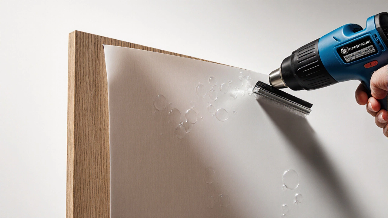 Vinyl wrap being smoothed onto a wooden cabinet with heat gun and squeegee.