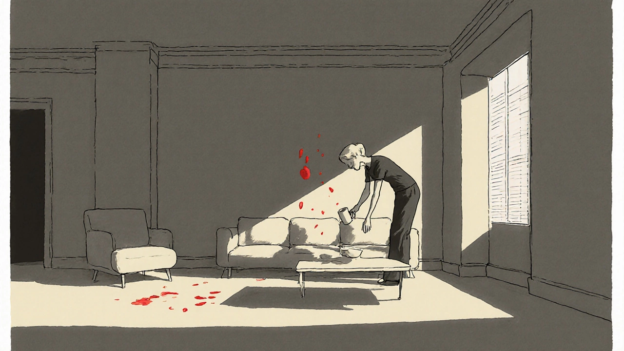 Woman hunched over a too-tall coffee table, spilling tea in an awkward pose.