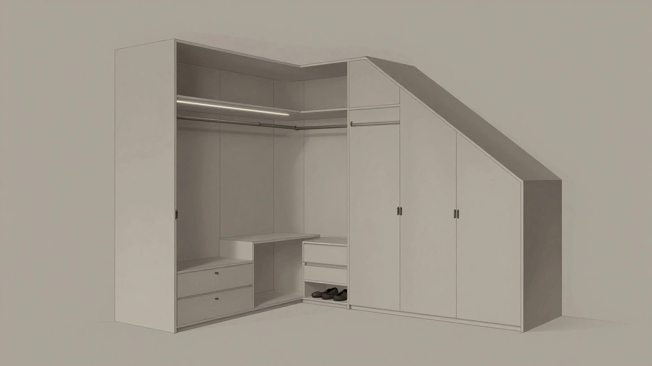 A custom wardrobe perfectly fitted to a room with a sloped ceiling, featuring integrated lighting and storage solutions.