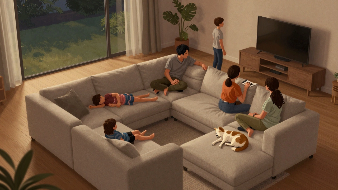 A family relaxing on a modular corner couch in a rectangular living room, with soft lighting and casual seating.