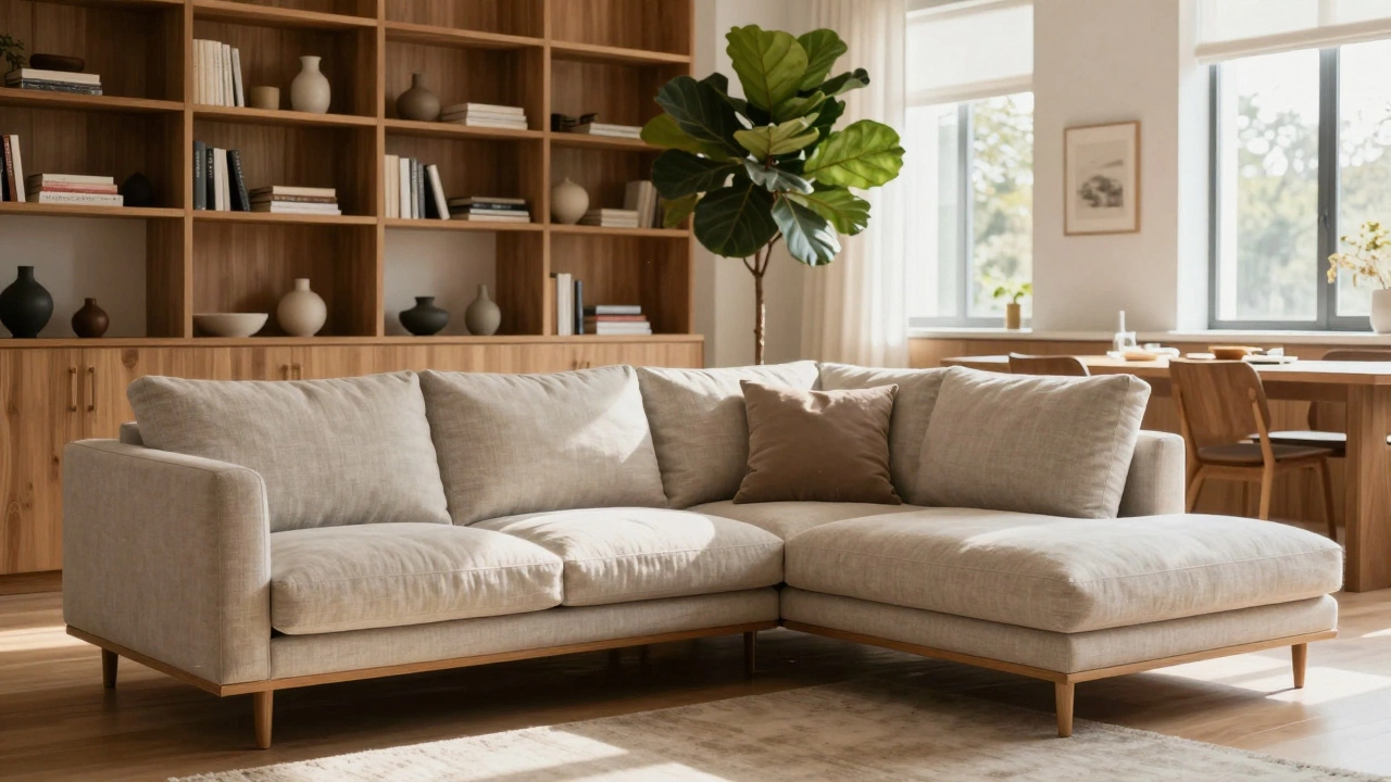 A floating sectional sofa defines a seating zone with open shelving and a tall plant behind it in an open-plan space.