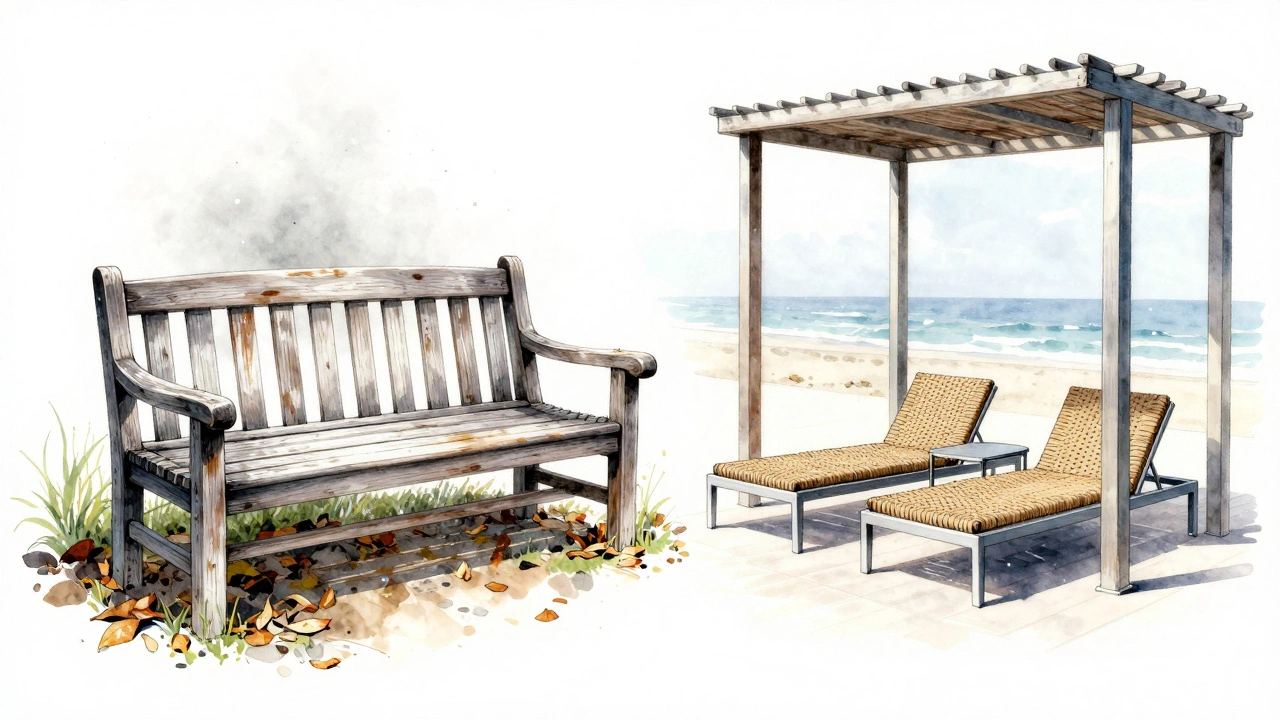A weathered teak bench and modern aluminum lounge set under a pergola, contrasting natural wood and metal textures.