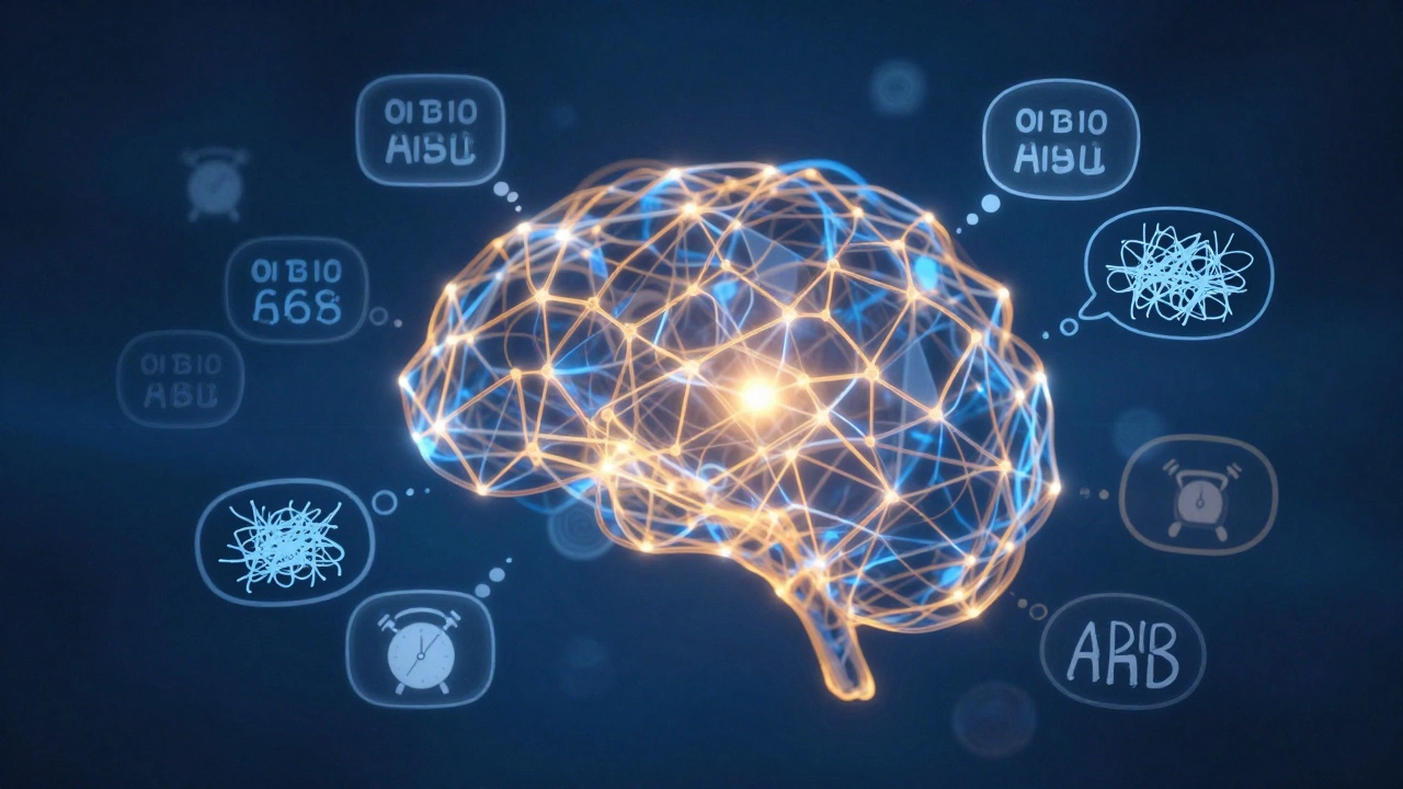 An abstract brain network with floating thought fragments representing chaotic ADHD experiences.