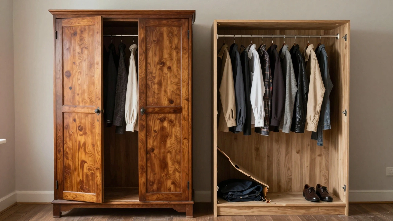An aging solid wood wardrobe beside a damaged budget one, illustrating the difference in durability over time.