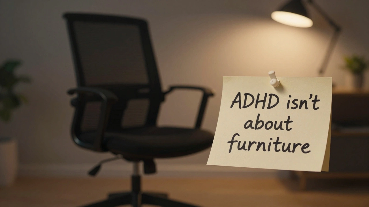 An empty office chair beside a note saying ADHD isn&#039;t about furniture, under a warm lamp.