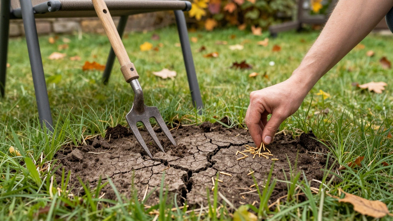 Dead grass patch being repaired with seed and garden fork, new green shoots emerging.