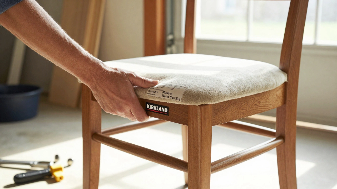Hand assembling a Kirkland dining chair in a home garage, showing made-in-North Carolina label.