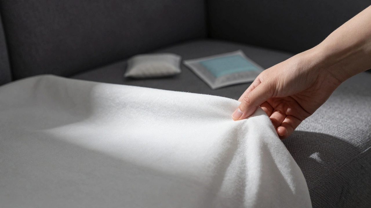 Hand lifting a breathable cover off a sofa to reveal dry, undamaged fabric in a storage unit.