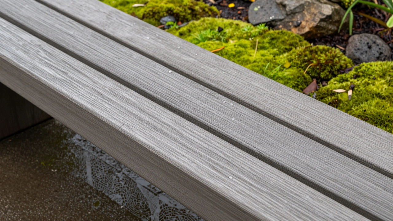 HDPE bench with wood-grain finish in a garden, raindrops beading on surface, showing zero wear after years outdoors.