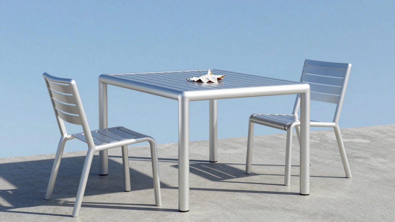 Marine-grade aluminum dining set under clear sky, slatted seats casting shadows, frost on table surface.
