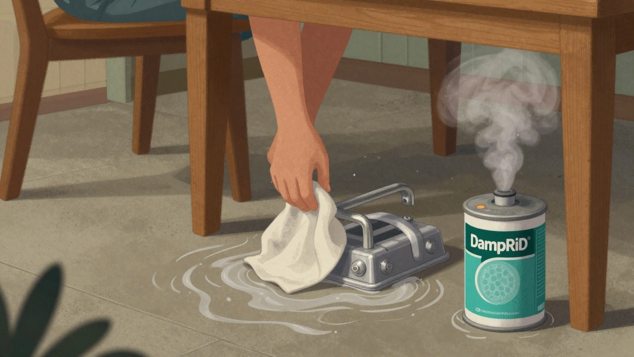 Moisture rising from concrete floor toward wooden table legs with protective cloth-wrapped metal hardware.