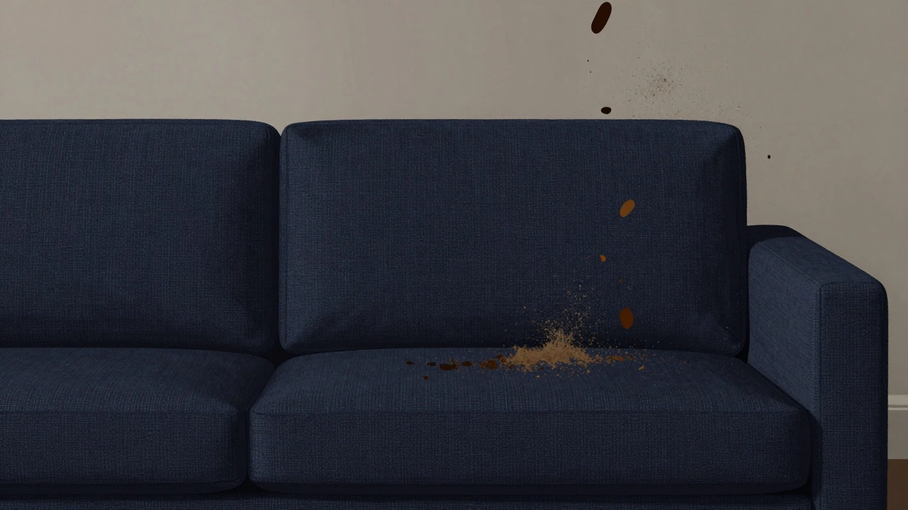 Navy sofa with hidden stains and dust particles dissolving into a complex, multi-tonal weave.