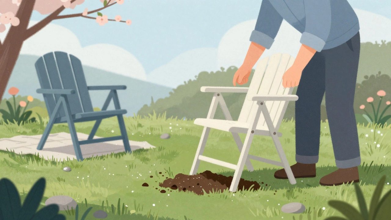 Person moving garden chair to a new spot on lawn marked by small stones.