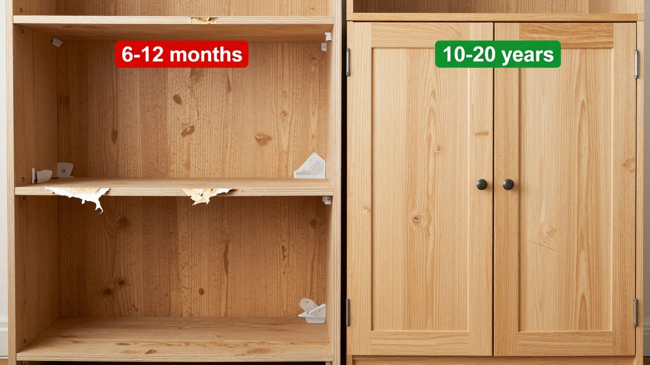 Side-by-side comparison of crumbling particleboard shelf and well-preserved oak cabinet in storage.