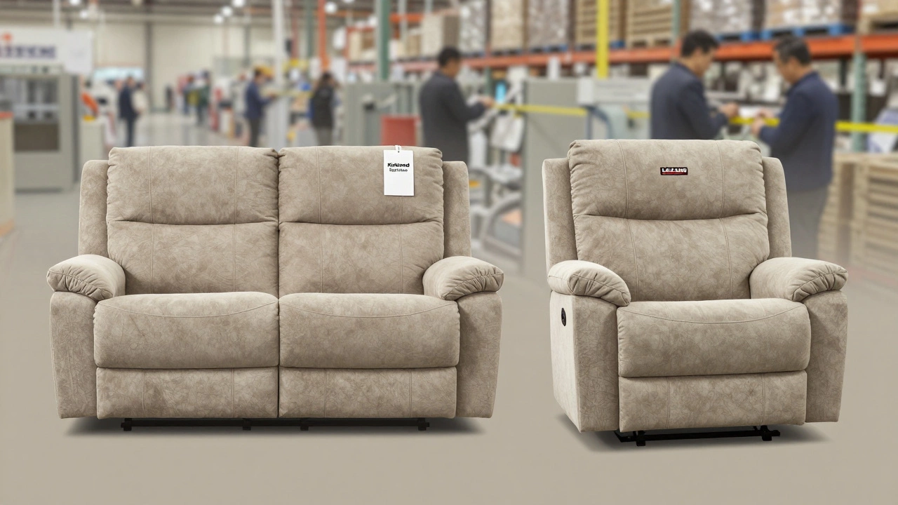 Side-by-side comparison of Kirkland and La-Z-Boy sofas with identical construction and different branding.