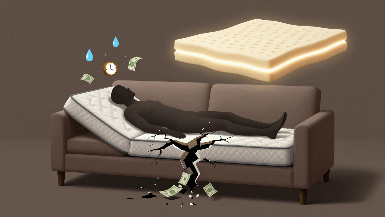 Sofa bed transforming into a cracked spine, contrasted with a floating supportive mattress above.