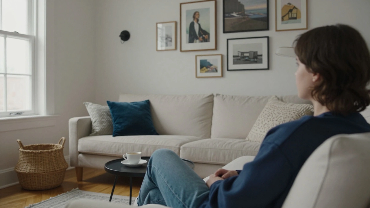 Someone sitting on a sofa turned toward a window, with artwork and soft lighting behind them in a balanced room.