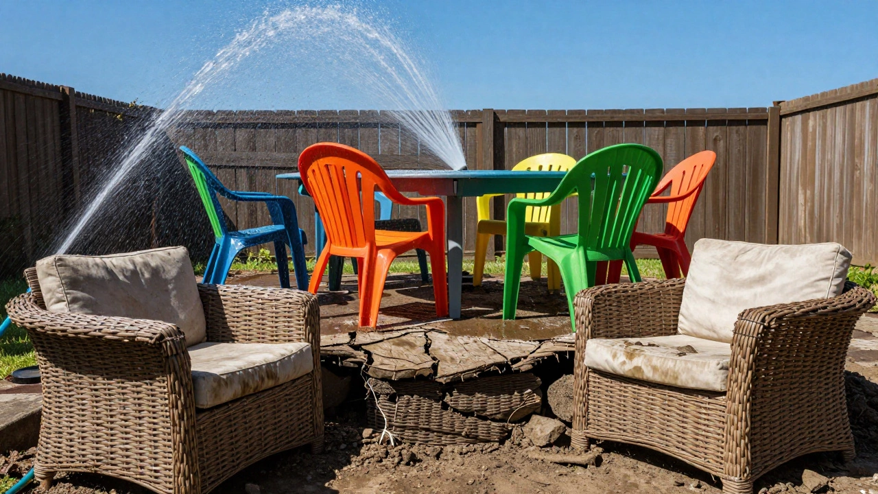 Split image: durable POLYWOOD furniture being hosed clean vs. decaying wicker furniture with mildew and faded cushions.