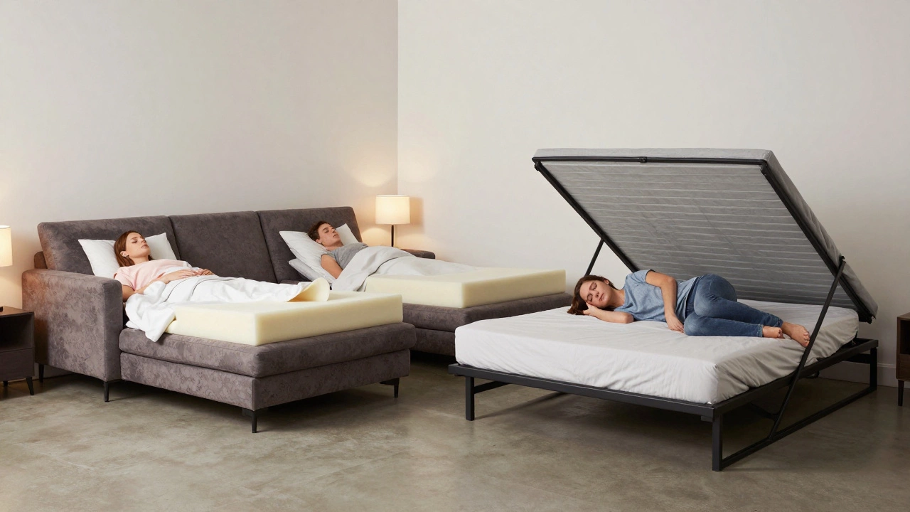 Three sleepers on different beds: sofa bed, sofa bed with topper, and Murphy bed, in a minimalist room.