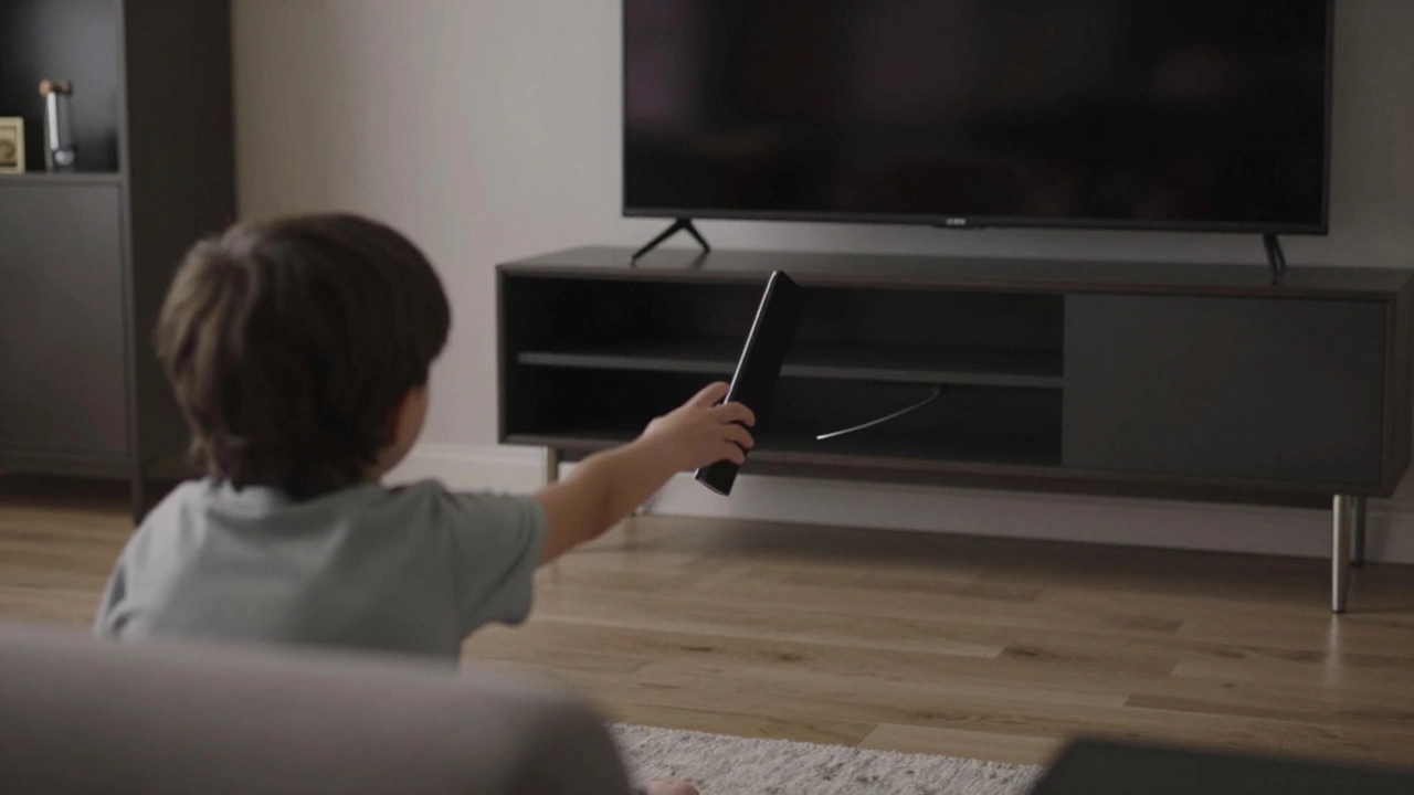 Unstable TV on a narrow console as a child reaches for it, contrasted with a safe, wide-based TV stand in the background.
