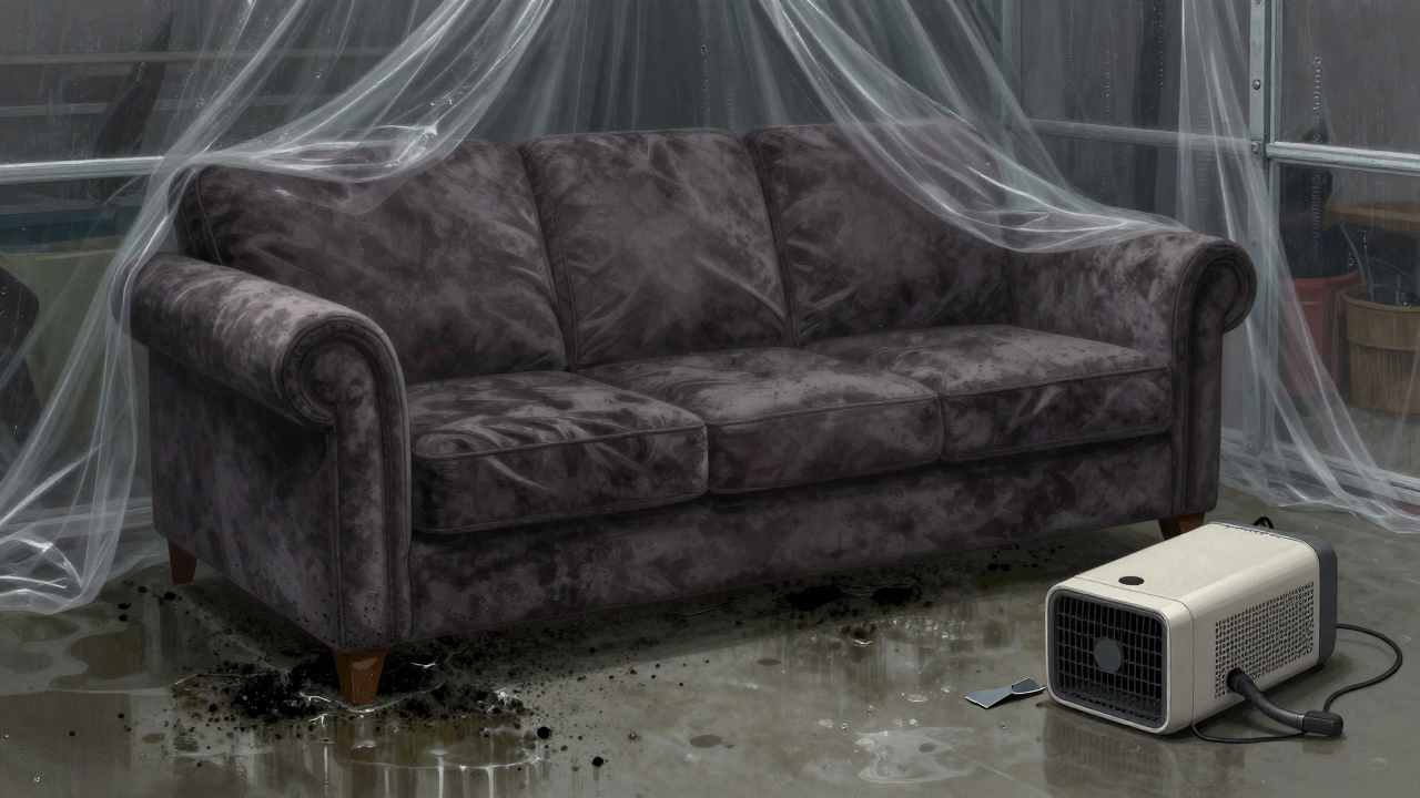 Velvet sofa in a damp garage with mold growth and condensation from trapped plastic tarp, symbolizing poor storage.