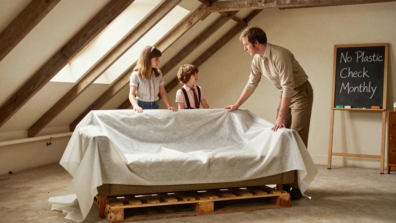 A family placing a breathable storage cover on a sofa in a dry attic, with a 'No Plastic' chalkboard sign.