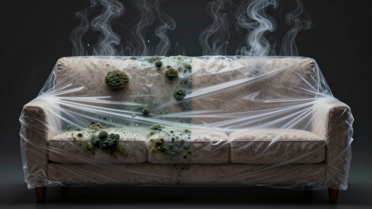 A plastic-wrapped couch with visible mold and condensation forming inside, symbolizing trapped moisture damage.