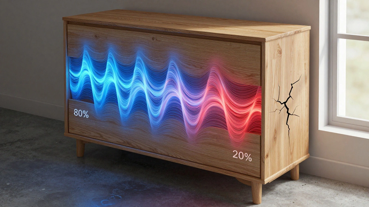 Abstract visualization of wood fibers swelling and cracking due to humidity changes, with environmental contrast.