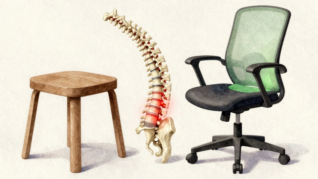 Anatomical comparison of a spine's natural curve versus pressure from a flat stool, with supportive chair in background.