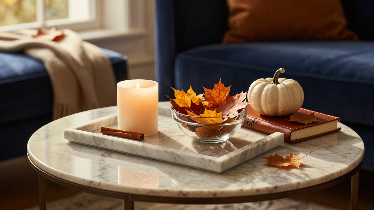 Autumn-themed coffee table with candle, cinnamon, fallen leaves, and travel book on marble tray, wool throw nearby.