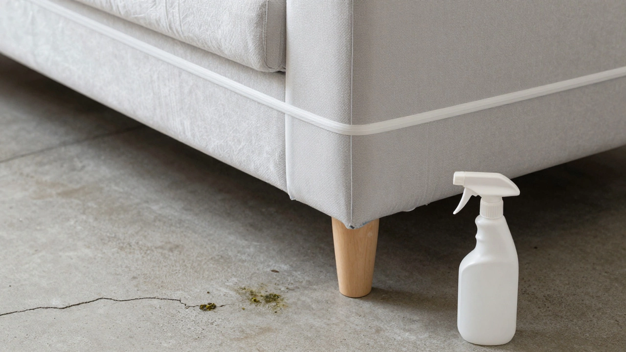 Close-up of a sofa leg secured with zip ties under a breathable cover, above damp concrete.