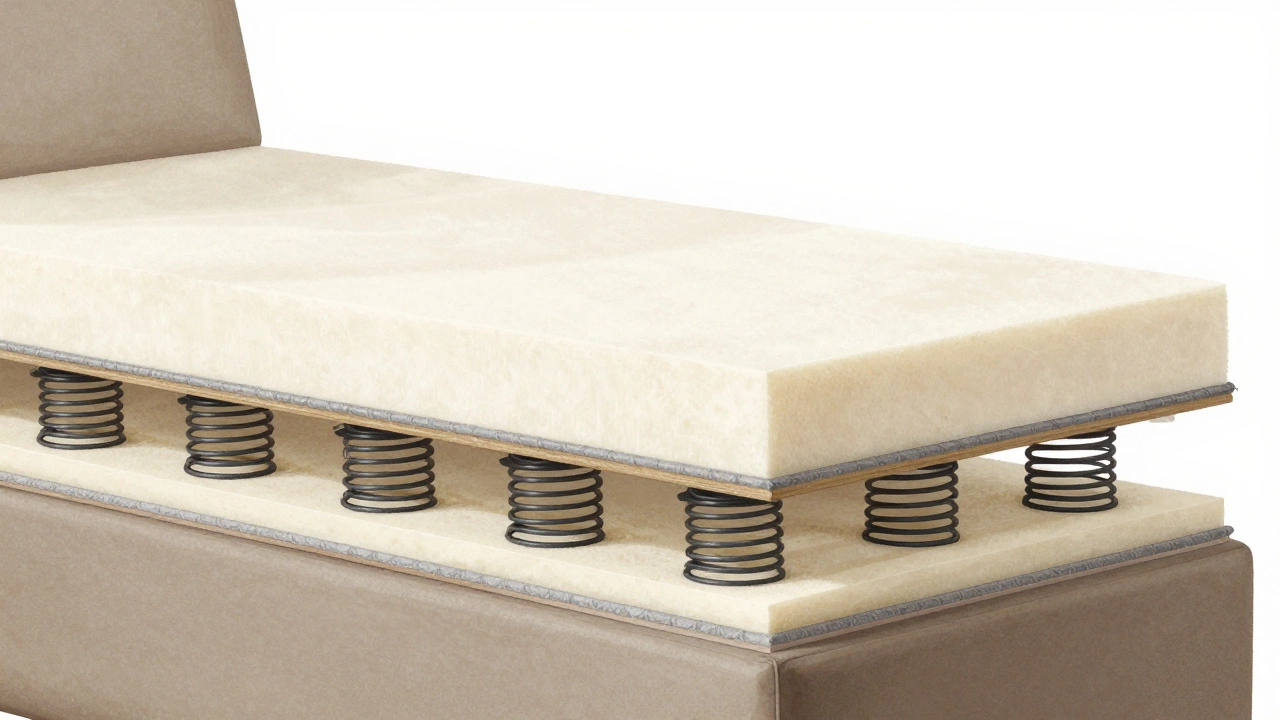 Cross-section of a couch seat with hand-tied springs and high-density foam, highlighting internal support quality.