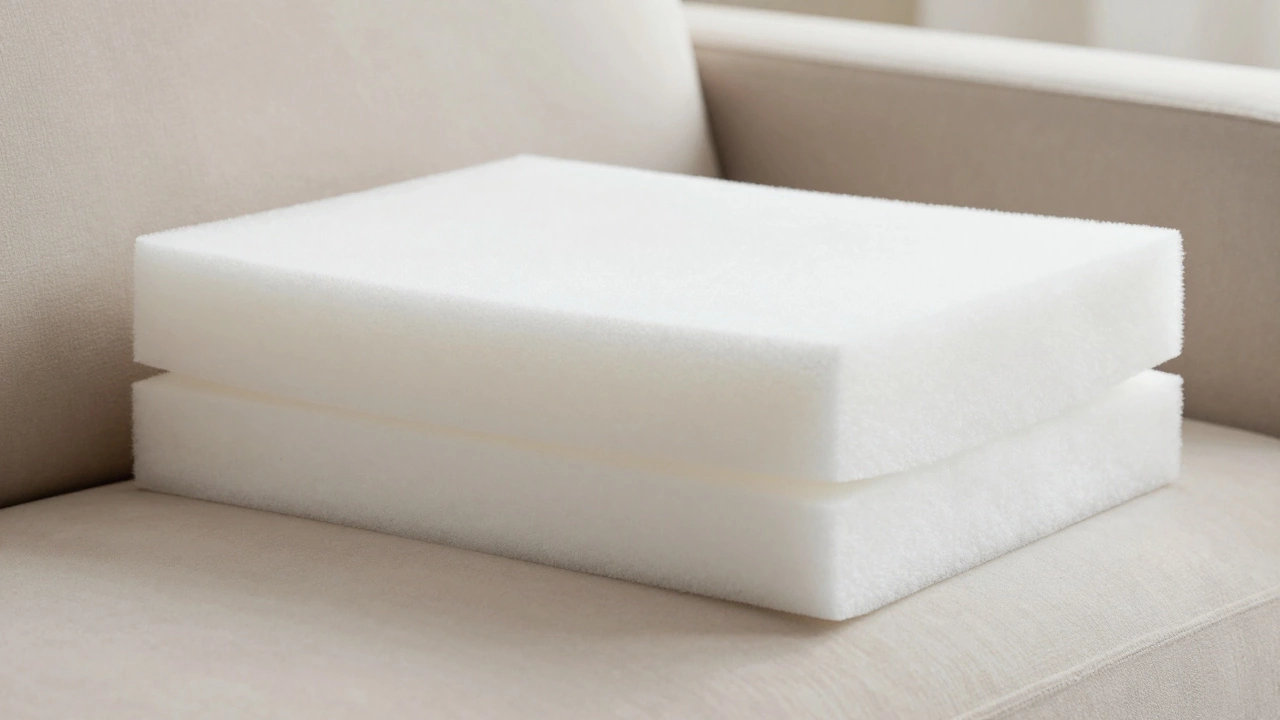 Cross-section of a premium sofa cushion showing high-density foam and fiber wrapping.