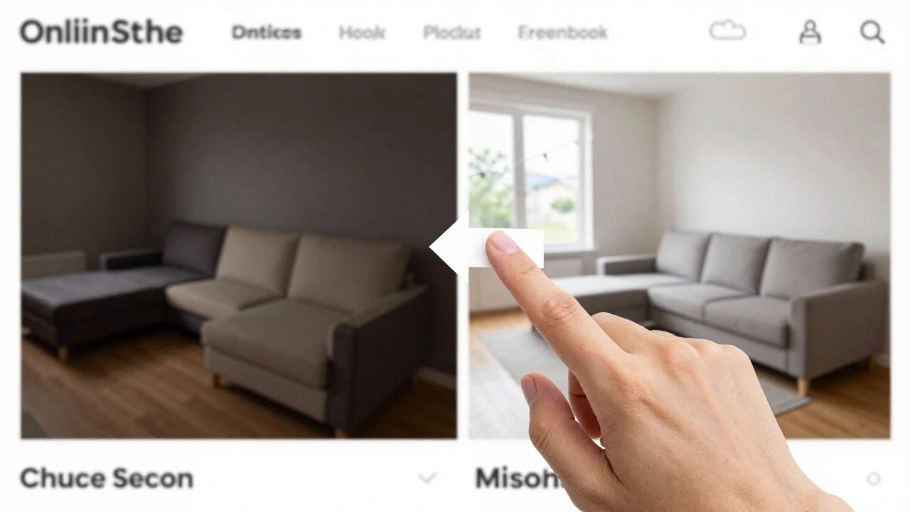 Hand pointing to a left-pointing arrow on a sofa product page, with contrasting room layouts in background.