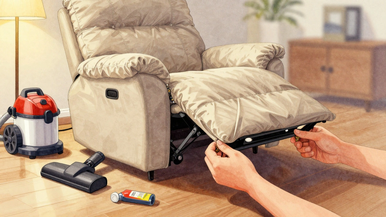 Hand tightening bolts on a recliner frame under a removable cover with tools nearby.