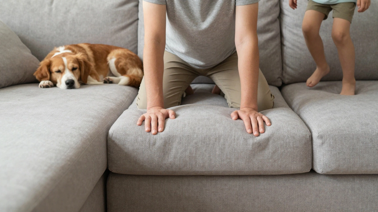 Person sitting on a firm couch with no sag, dog and child nearby, demonstrating long-lasting comfort.