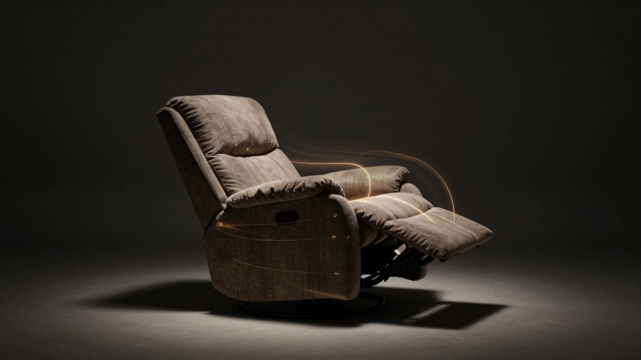 Recliner with glowing lubricant trails symbolizing repair, lit by a soft spotlight in darkness.